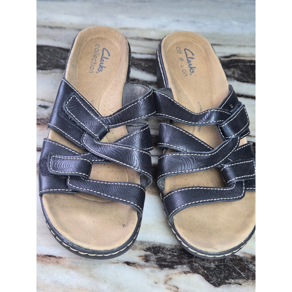 Clarks Collection Leisa Janna Black Leather Slide Sandals Womens 7 M Minimalist